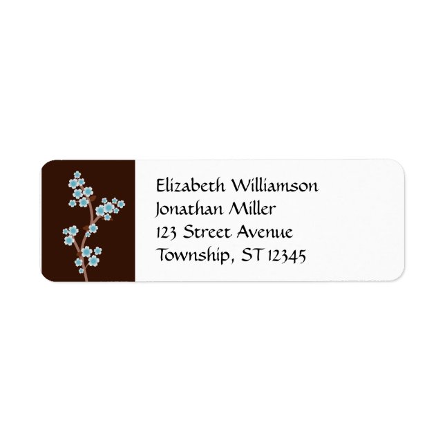 Blue Cherry Blossom Brown Return Address Labels (Front)