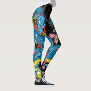 Blue Cherry Blossom Dragon Tattoo in Black Leggings
