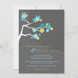 Blue Cherry Blossoms Love Birds Wedding Invite