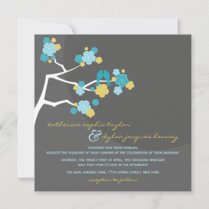 Blue Cherry Blossoms Love Birds Wedding Invite