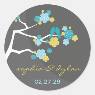 Blue Cherry Blossoms Love Birds Wedding Stickers
