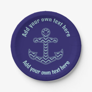 Blue Chevron Anchor Nautical Custom Text Paper Plate