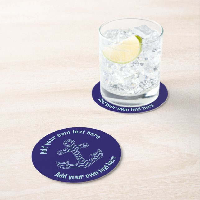 Blue Chevron Anchor Nautical Custom Text Round Paper Coaster (Insitu)