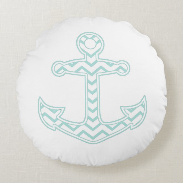 Blue Chevron Anchor Nautical Round Cushion (Front)