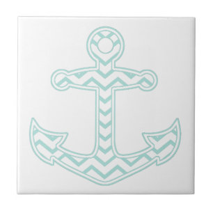 Blue Chevron Anchor Nautical White Ceramic Tile