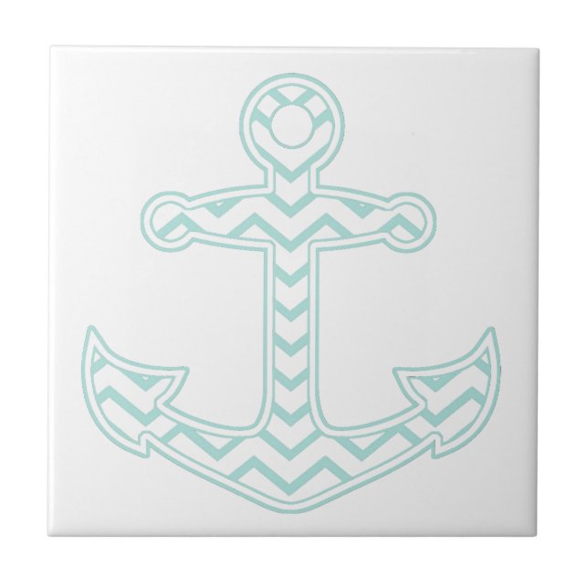 Blue Chevron Anchor Nautical White Ceramic Tile (Front)