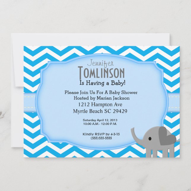 Blue Chevron and Elephant Baby Shower Invitation (Front)