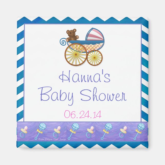 Blue Chevron Baby Pram Baby Shower Favour Magnet (Front)