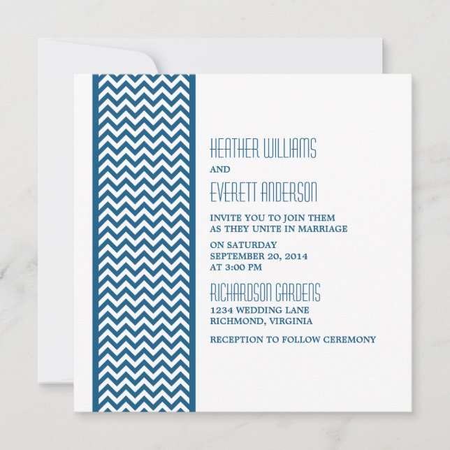 Blue Chevron Border Wedding Invite (Front)