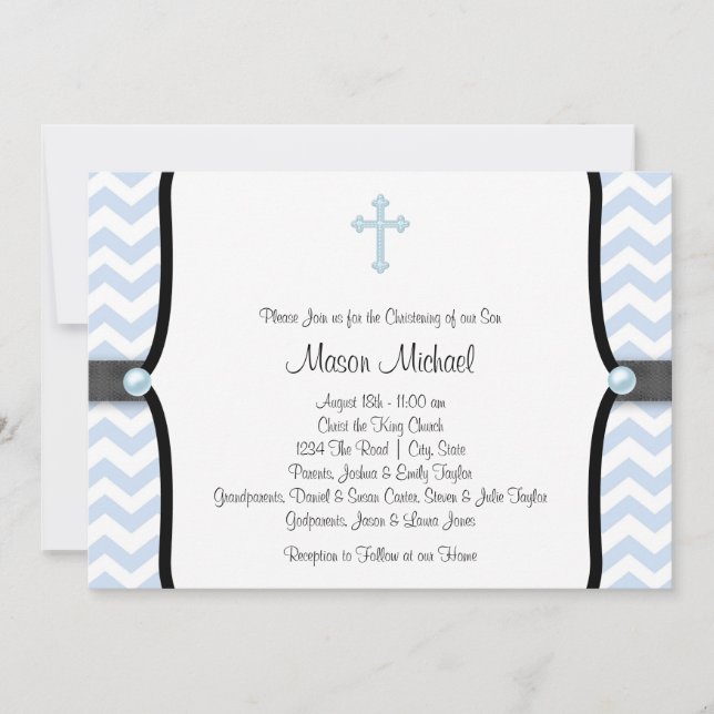 Blue Chevron Christening Invitation (Front)