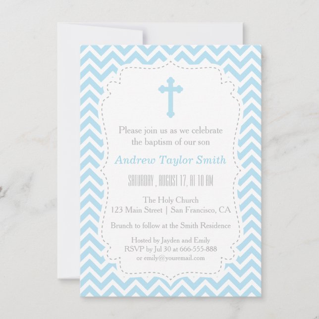 Blue Chevron Cross Baptism Invitations (Front)