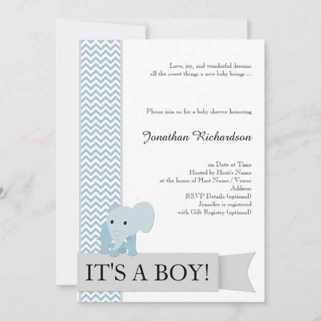 Blue Chevron Elephant Baby Shower Invitation (Front)