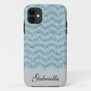 Blue Chevron Faux Glitter iPhone 11 Case