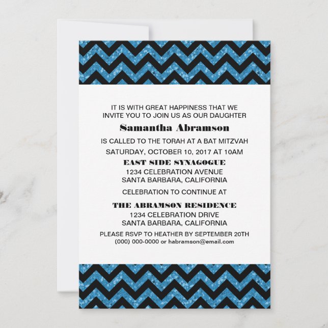 Blue Chevron Glitter Bat Mitzvah Invite (Front)
