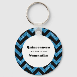 Blue Chevron Glitter Quinceañera Keychain