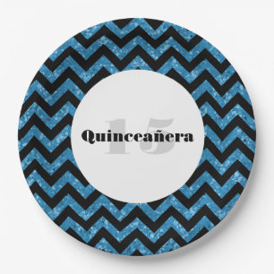 Blue Chevron Glitter Quinceañera Paper Plates