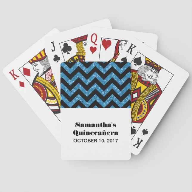 Blue Chevron Glitter Quinceañera Playing Cards (Back)