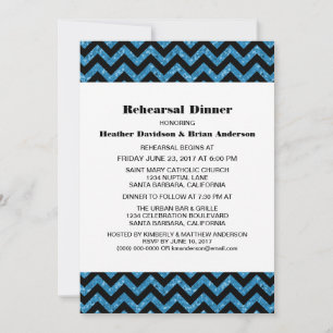 Blue Chevron Glitter Rehearsal Dinner Invite