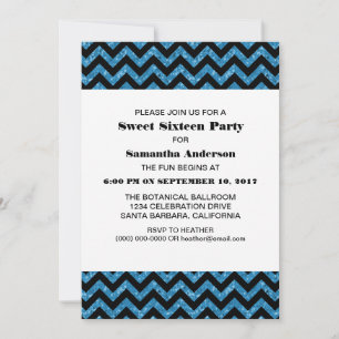 Blue Chevron Glitter Sweet 16 Party Invite