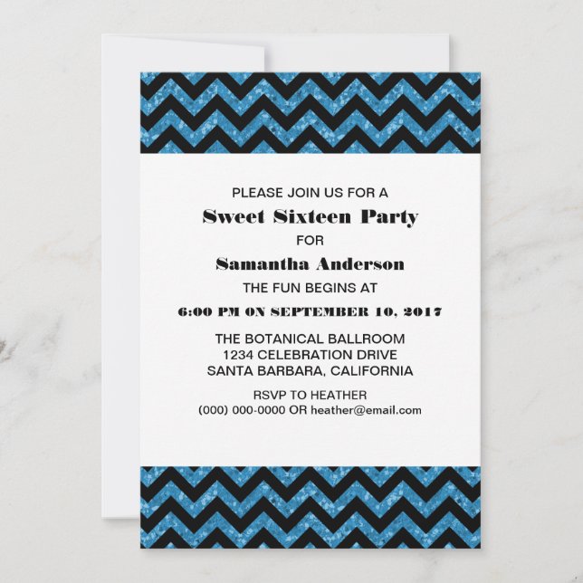 Blue Chevron Glitter Sweet 16 Party Invite (Front)