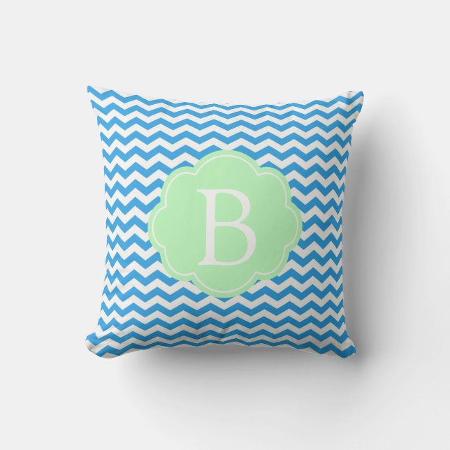 Blue chevron, light green shape, monogram cushion (Front)
