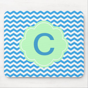 Blue chevron, light green shape, monogram mouse pad