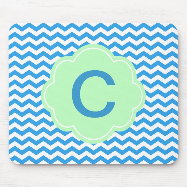 Blue chevron, light green shape, monogram mouse pad (Front)