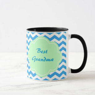 Blue chevron, light green shape, monogram mug