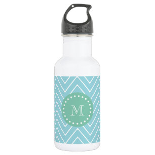 Blue Chevron Pattern Mint Green Monogram 532 Ml Water Bottle