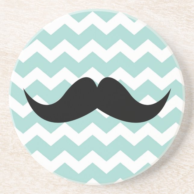 Blue chevron pattern moustache thirsty sandstone coaster (Front)