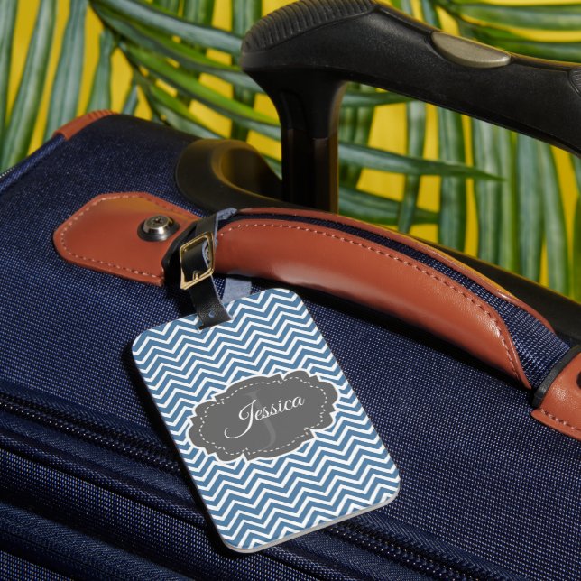 Blue Chevron Personalised Luggage Tag (Front Insitu 1)