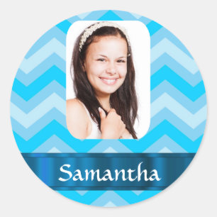 Blue chevron personalised photo template classic round sticker