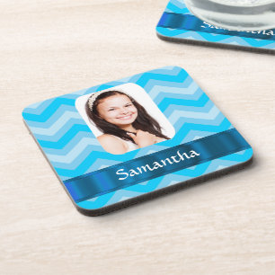 Blue chevron personalised photo template coaster