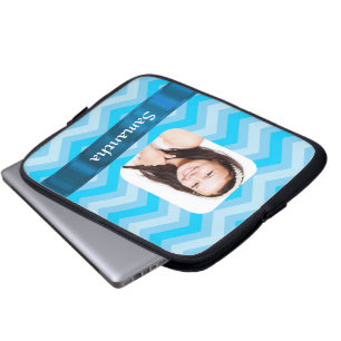 Blue chevron personalised photo template laptop sleeve