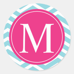 Blue Chevron Pink Monogram Classic Round Sticker