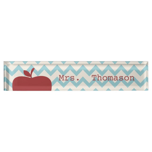 Blue Chevron Red Apple Teacher Nameplate (Front)