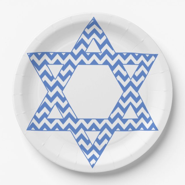 Blue Chevron Star of David Hanukkah Paper Plate (Front)