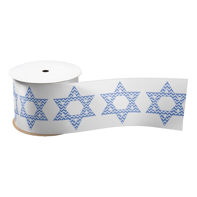 Blue Chevron Star of David Hanukkah Satin Ribbon (Spool)