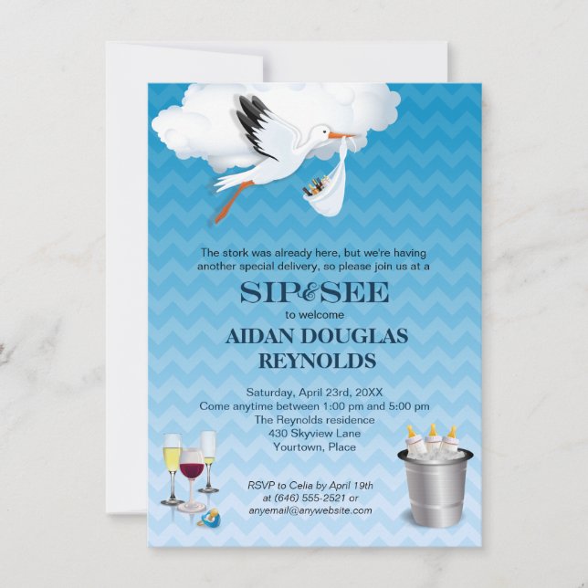 Blue Chevron Stork Baby Sip and See Party Invitation (Front)