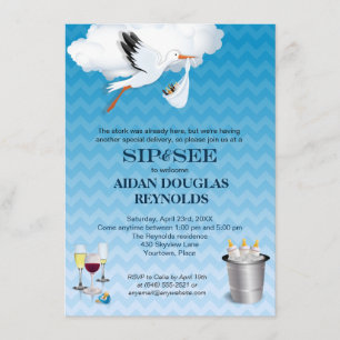 Blue Chevron Stork Baby Sip and See Party Invitation