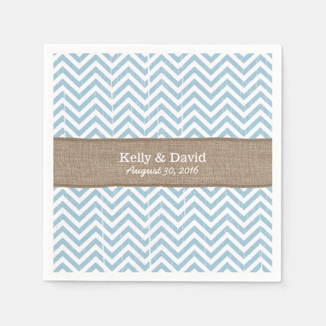 Blue Chevron Stripes Burlap Ribbon Rustic Wedding Napkin (Front)