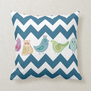 Blue Chevron Stripes Whimsical Cute Birds Owls Cushion