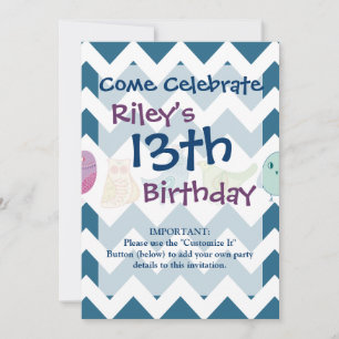 Blue Chevron Stripes Whimsical Cute Birds Owls Invitation