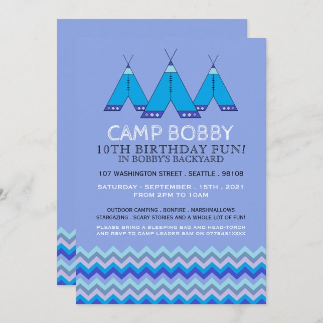 Blue Chevron Tipi, Camping Birthday Invitation (Front/Back)