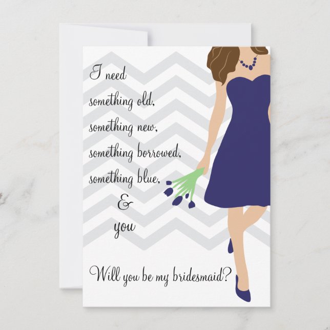 Blue Chevron Will You Be My Bridesmaid Invitation (Front)