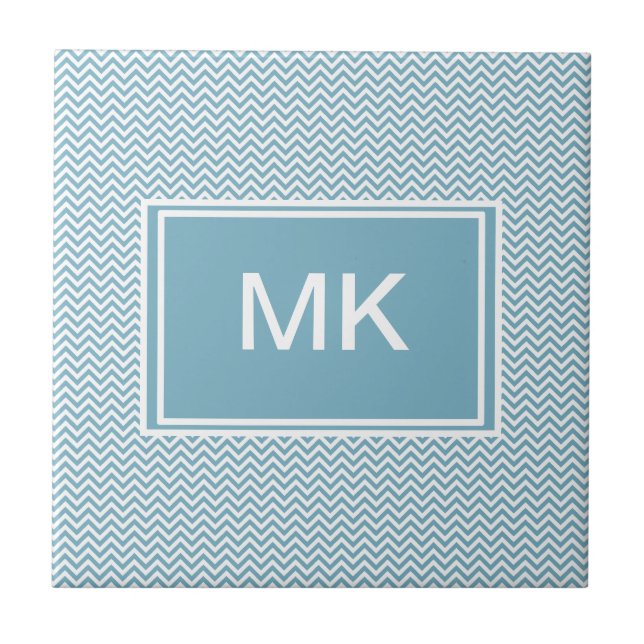 Blue Chevron with Monogram Ceramic Tile (Front)