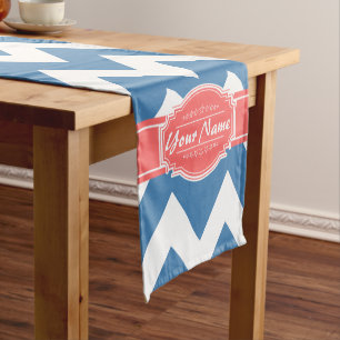 Blue Chevron with red Personalised Name Short Table Runner