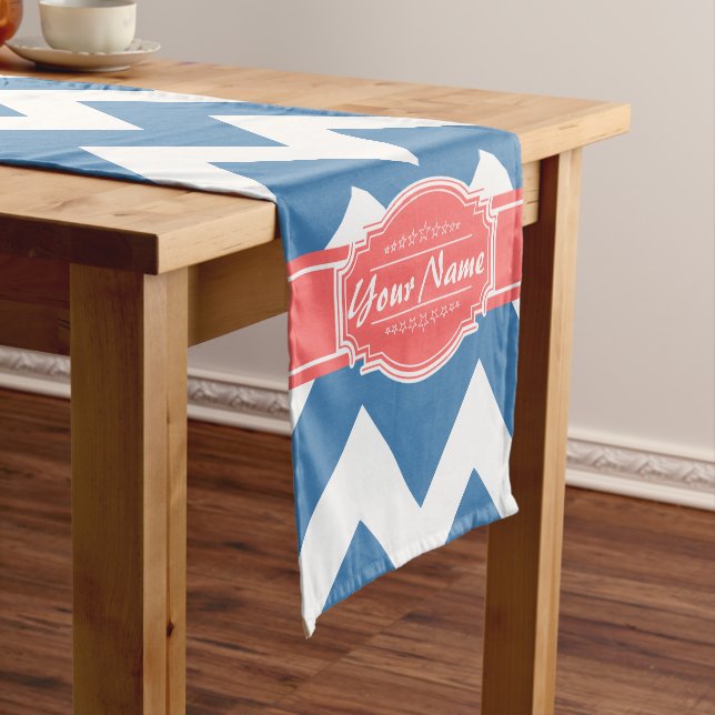 Blue Chevron with red Personalised Name Short Table Runner (In Situ)
