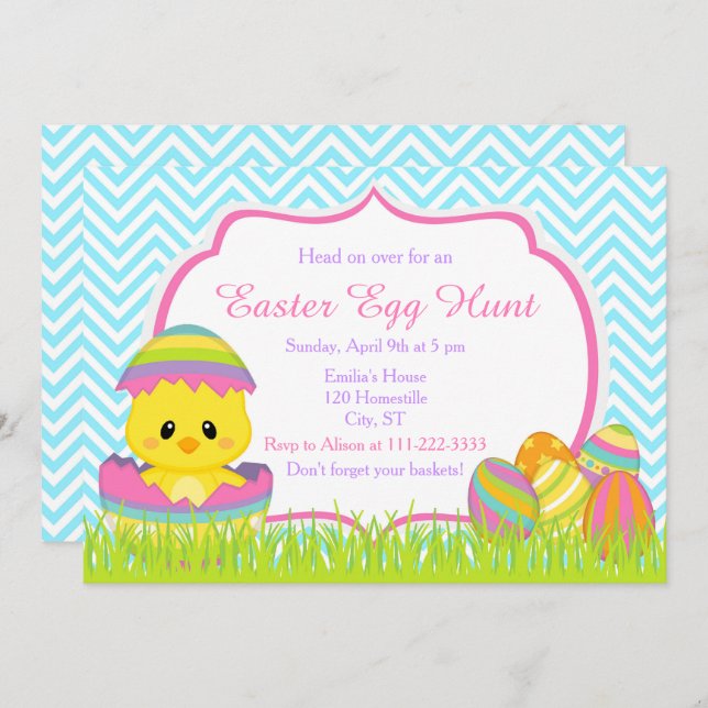 Blue Chevrons Easter Chick Easter Egg Hunt Invitation (Front/Back)