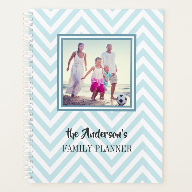 Blue Chevrons Pattern with Photo and Family Name Planner (Front)